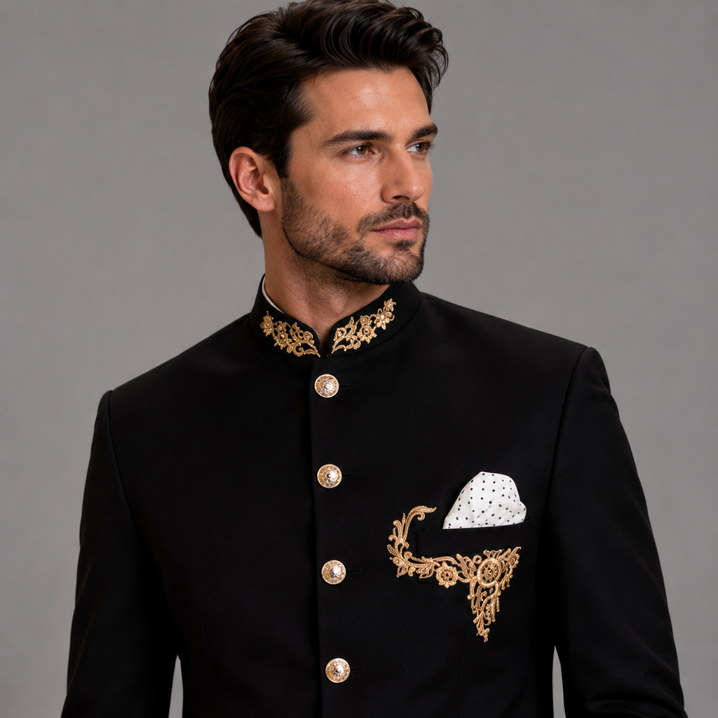 Black Mandarin Collar Suit for Men in Super 160's Cashmere