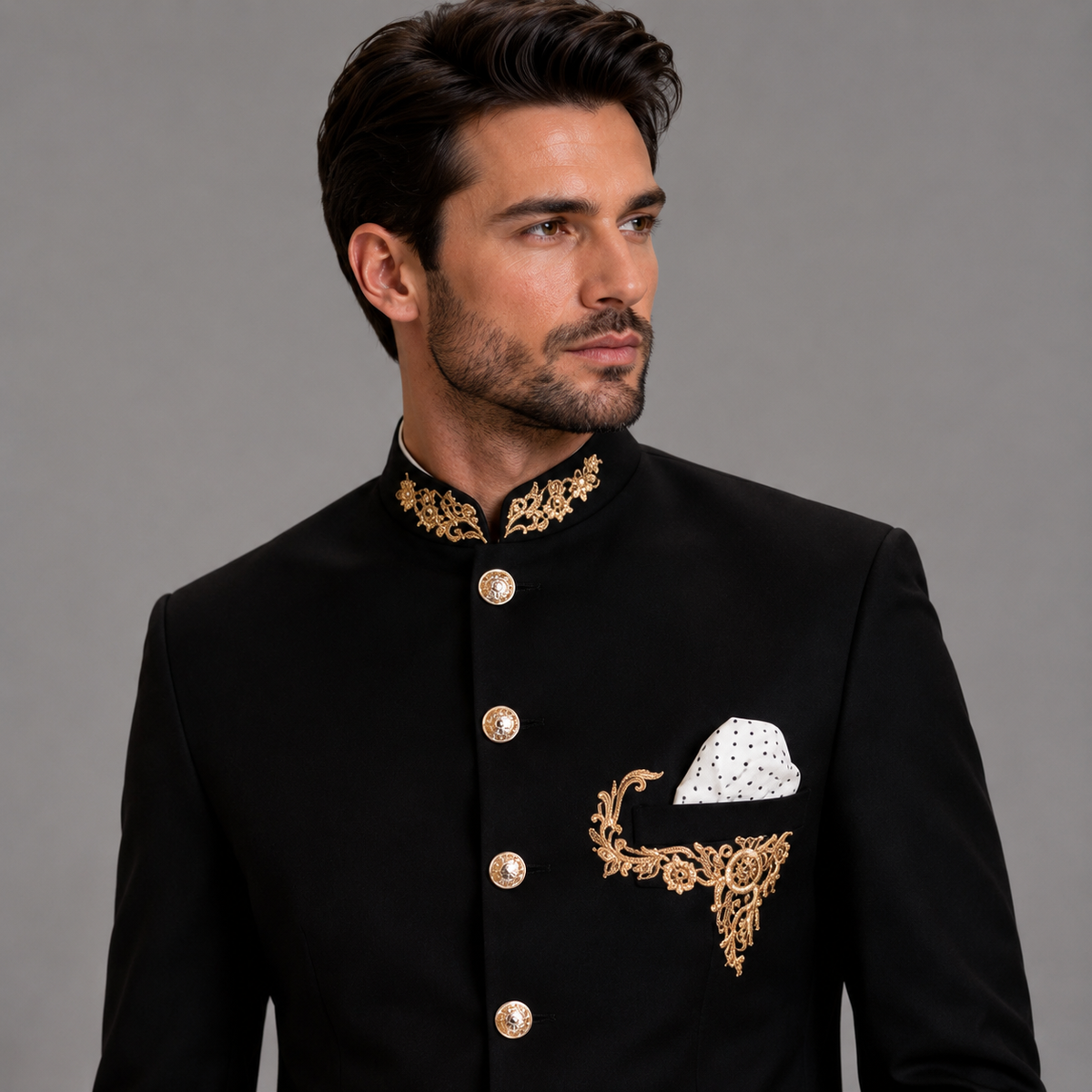 Black Mandarin Collar Suit for Men in Super 160's Cashmere