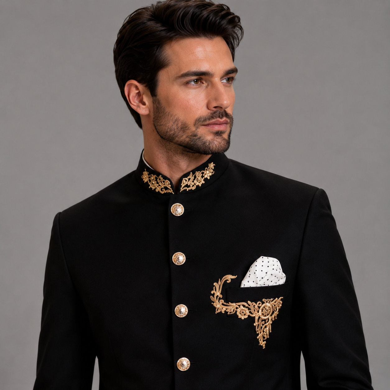 
                  
                    Black Mandarin Collar Suit for Men in Super 160's Cashmere
                  
                