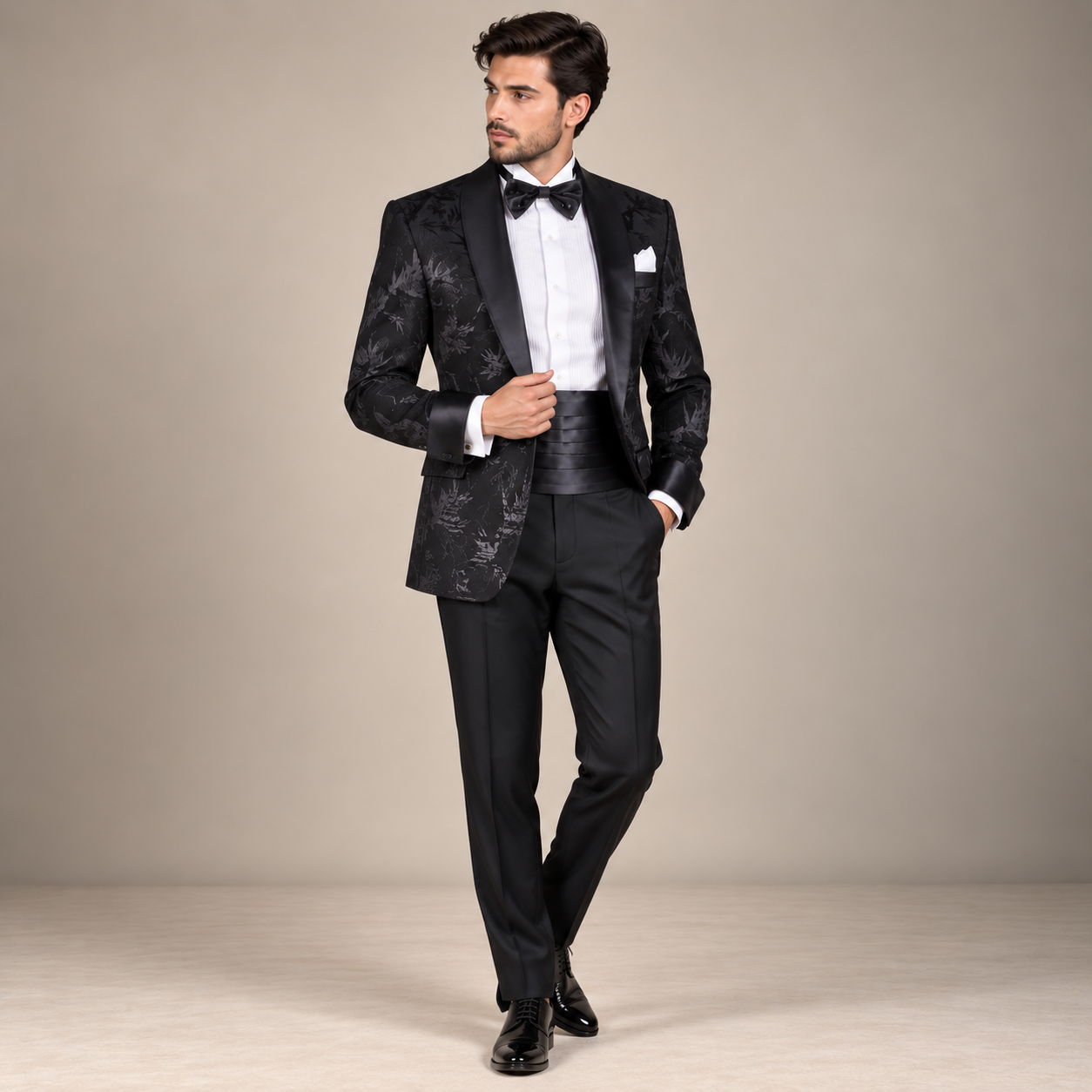 
                  
                    Black Tuxedo for Men in Tropical Jacquard Leaf Embosed Fabric
                  
                