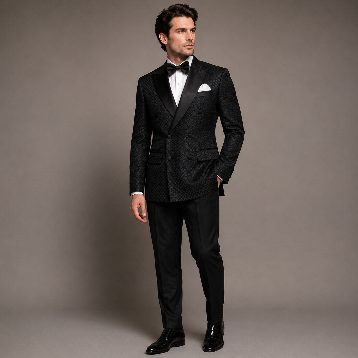 
                  
                    Black Jamawar Double Breasted Tuxedo Suit for Men
                  
                
