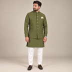 PURE KOREAN RAW SILK WITH HAND EMBELLISHMENT OLIVE GREEN WAISTCOAT KURTA PAJAMA