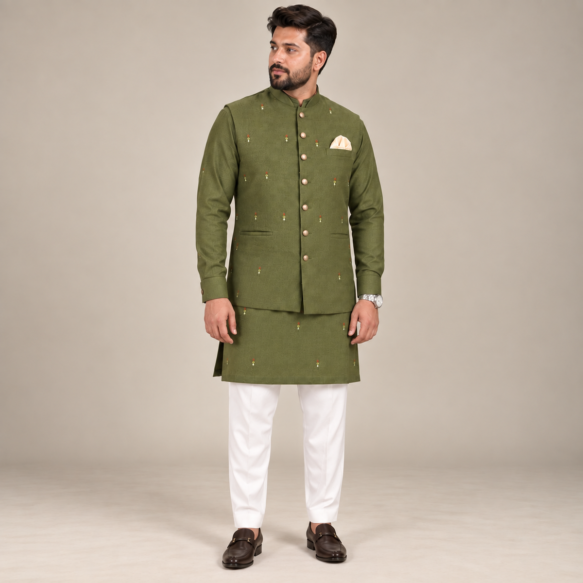 PURE KOREAN RAW SILK WITH HAND EMBELLISHMENT OLIVE GREEN WAISTCOAT KURTA PAJAMA