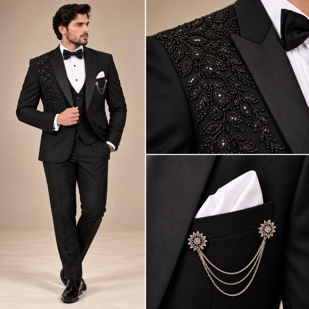 MEN'S BLACK LUXURY HAND-EMBELLISHED TUXEDO FOR WEDDINGS