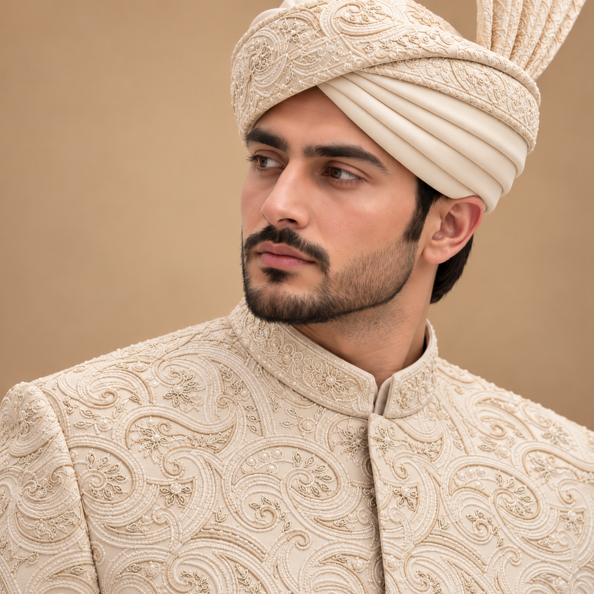 Premium Vanilla White Groom Sherwani with Intricate Embroidery & Hand Embellishment