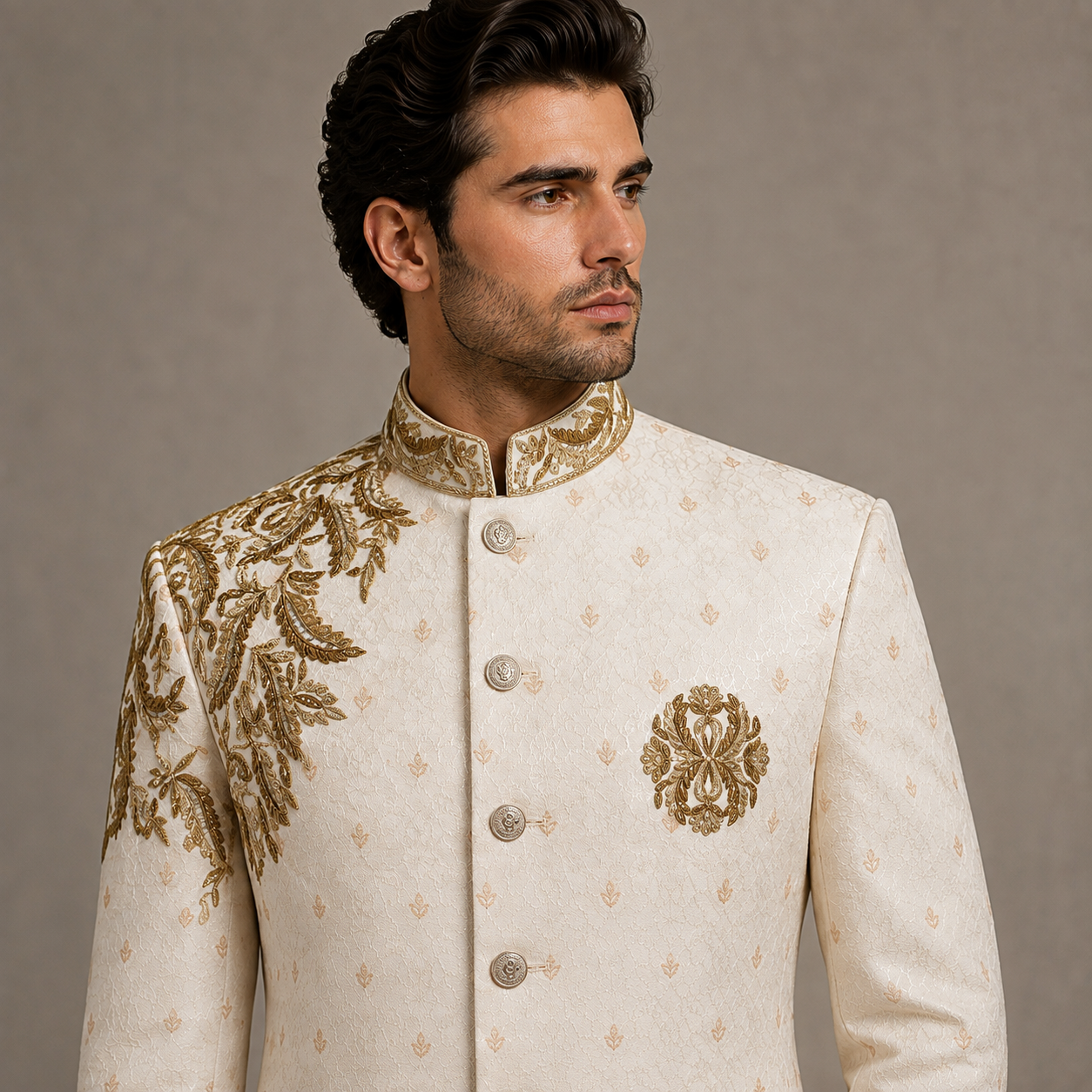 
                  
                    Ivory Groom Sherwani for Men in Karandi Hand Embellishment
                  
                