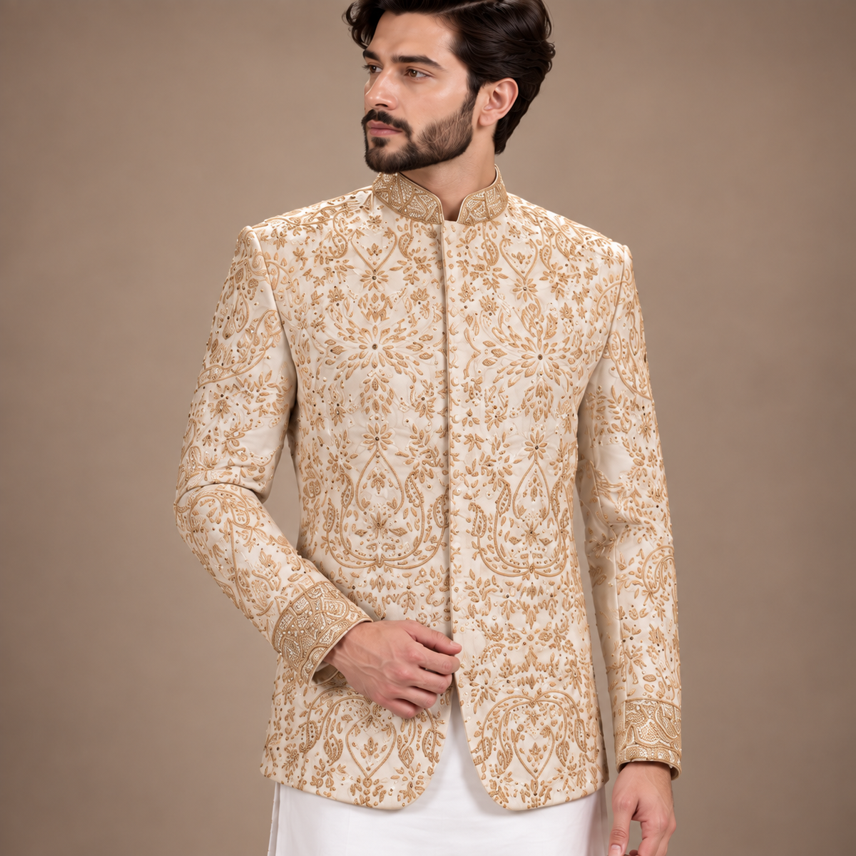 LUXURY PURE WHITE RAW SILK PRINCE COAT WITH HAND EMBELLISHED EMBROIDERY | ELEGANT MEN'S ETHNIC FORMAL WEAR