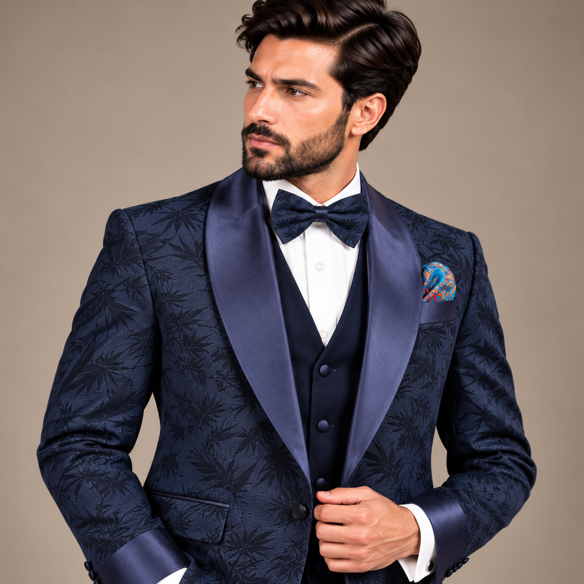 Luxury Navy Blue Self-Textured Three-Piece Tuxedo for Men | Premium Designer Wedding & Formal Wear – Uomo Attire