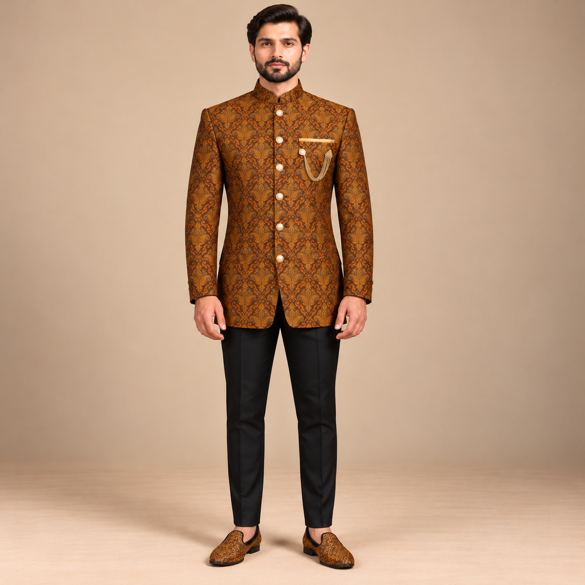 Pure Karandi Rust Brown Prince Coat with Self-Textured Hand Embellishment | Premium Pakistani Wedding Wear
