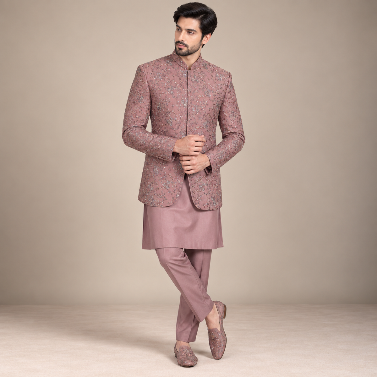 Fully Embroidered Mens Pink Prince Coat