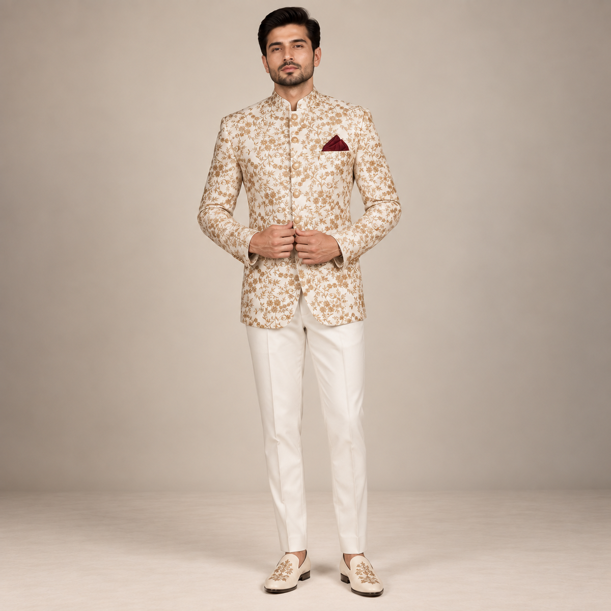 Lussuoso cappotto principe completamente ricamato con bottoni in ottone dorato 