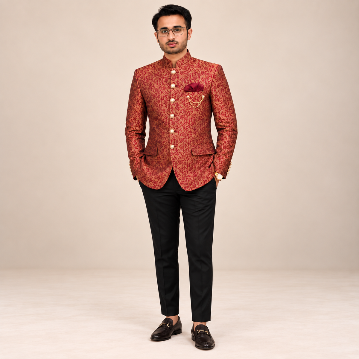 LUXURY MAROON TEXTURED BANDHGALA PRINCE COAT FOR MEN
