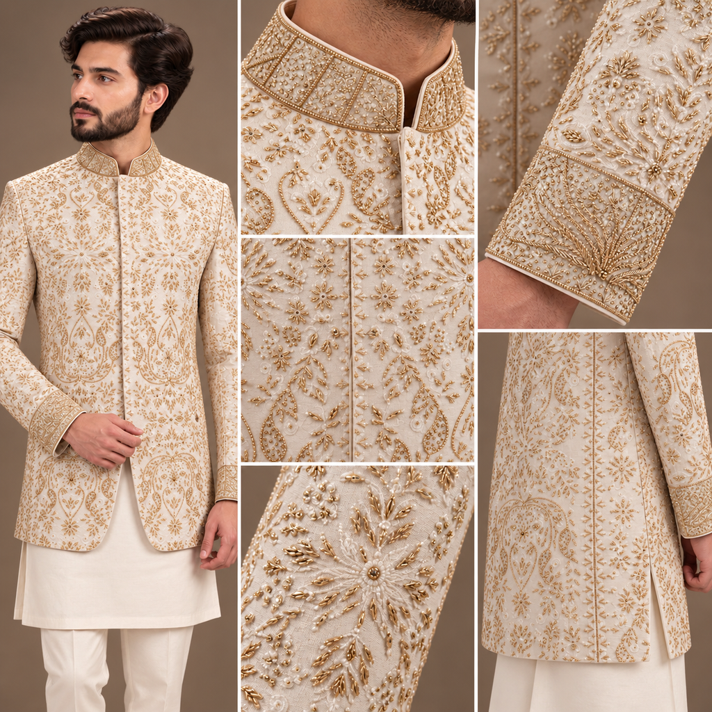 LUXURY PURE WHITE RAW SILK PRINCE COAT WITH HAND EMBELLISHED EMBROIDERY | ELEGANT MEN'S ETHNIC FORMAL WEAR