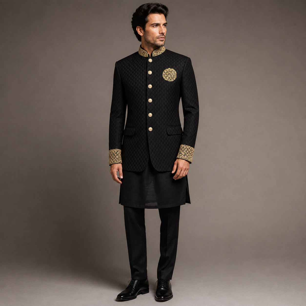 
                  
                    Black Pure Embroidered Prince Coat for Groom
                  
                