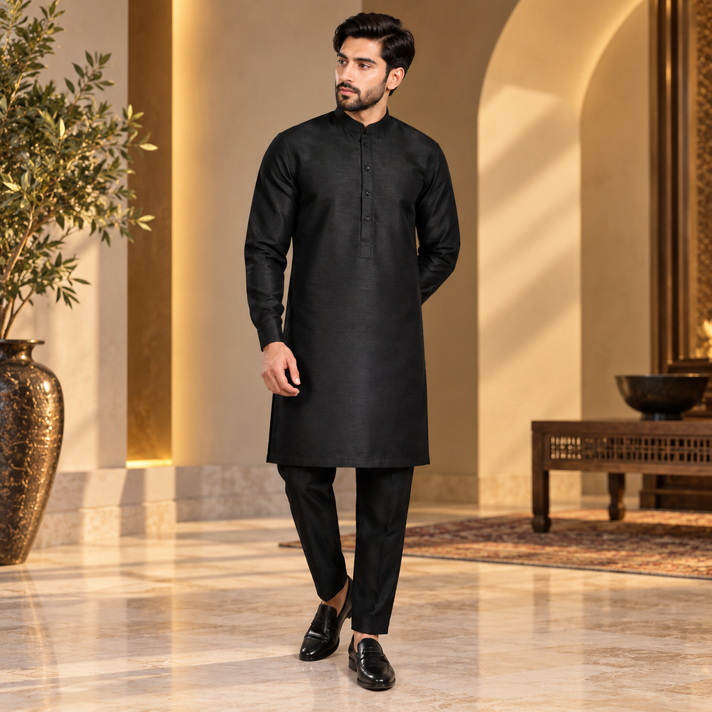 Black kurta pajama design for men