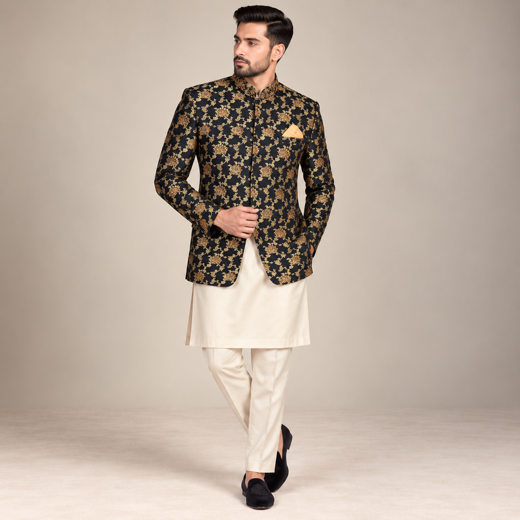 Black and golden full embellished prince coat in self design fabric