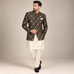 Black and golden full embellished prince coat in self design fabric