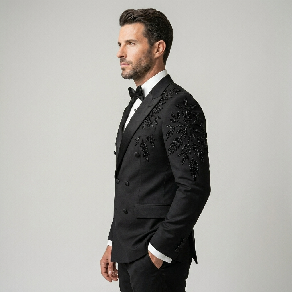 Man wearing a black embroidered tuxedo on a gray background | Bespoke Black Double Breasted Tuxedo Jacket with Leaf Embroidery