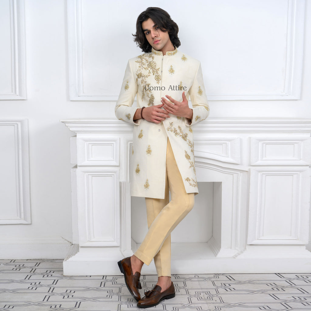 Elegant Pure Krandi Soft Fabric Sherwani with Floral Embellishments and Matching Turban