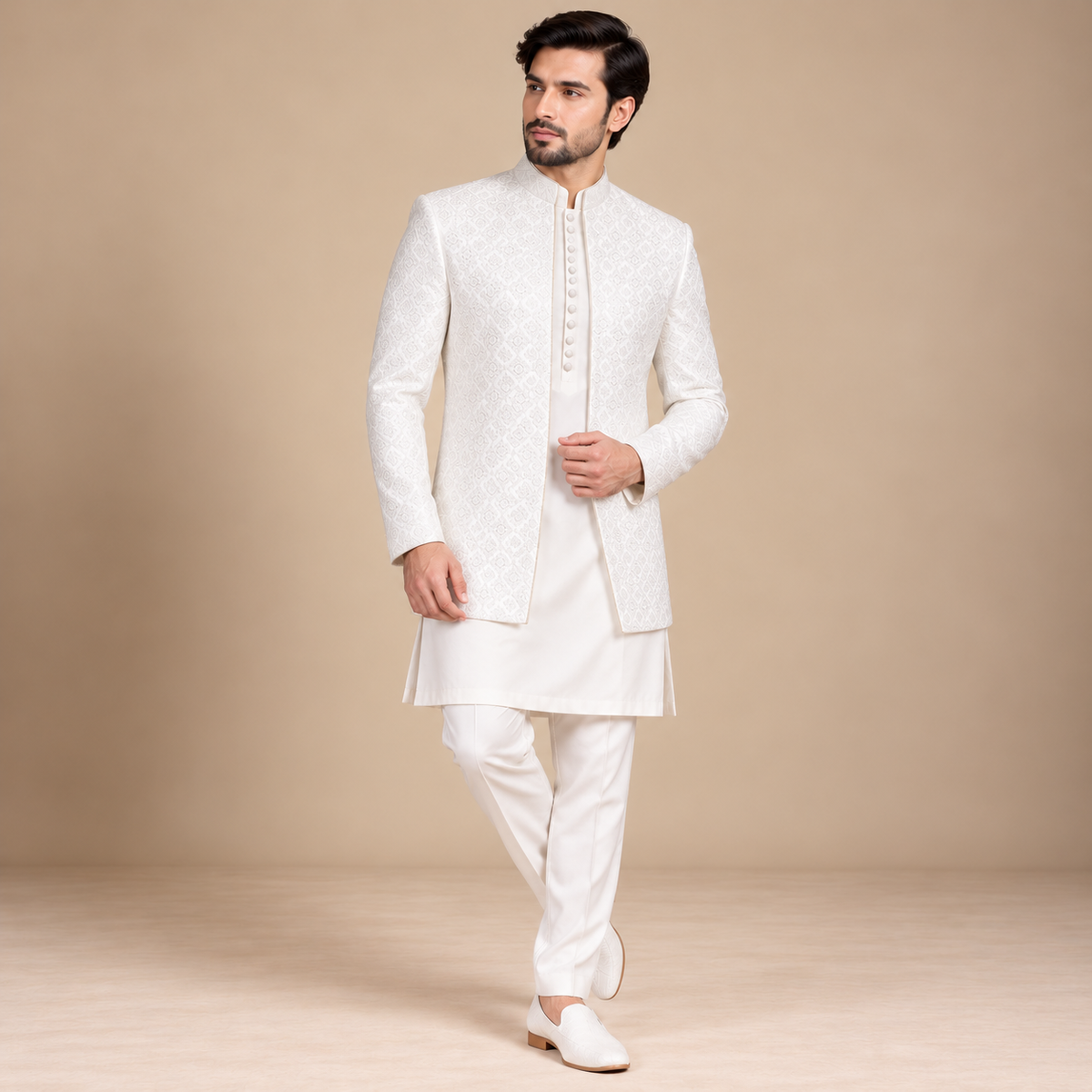 Off White Prince Coat for Grooms | Elegant Wedding Wear with Gold Handwork