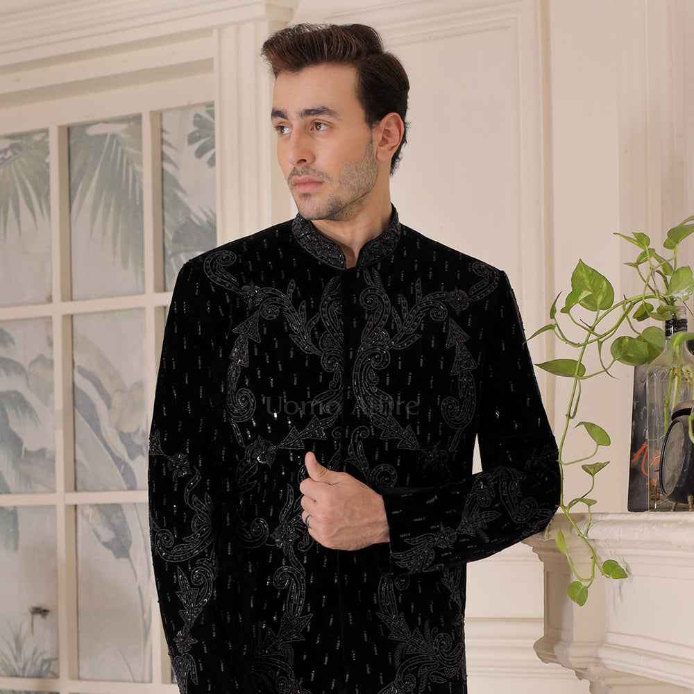 
                  
                    Opulent Black Velvet Embroidered and Jeweled Prince Two Piece Suit
                  
                