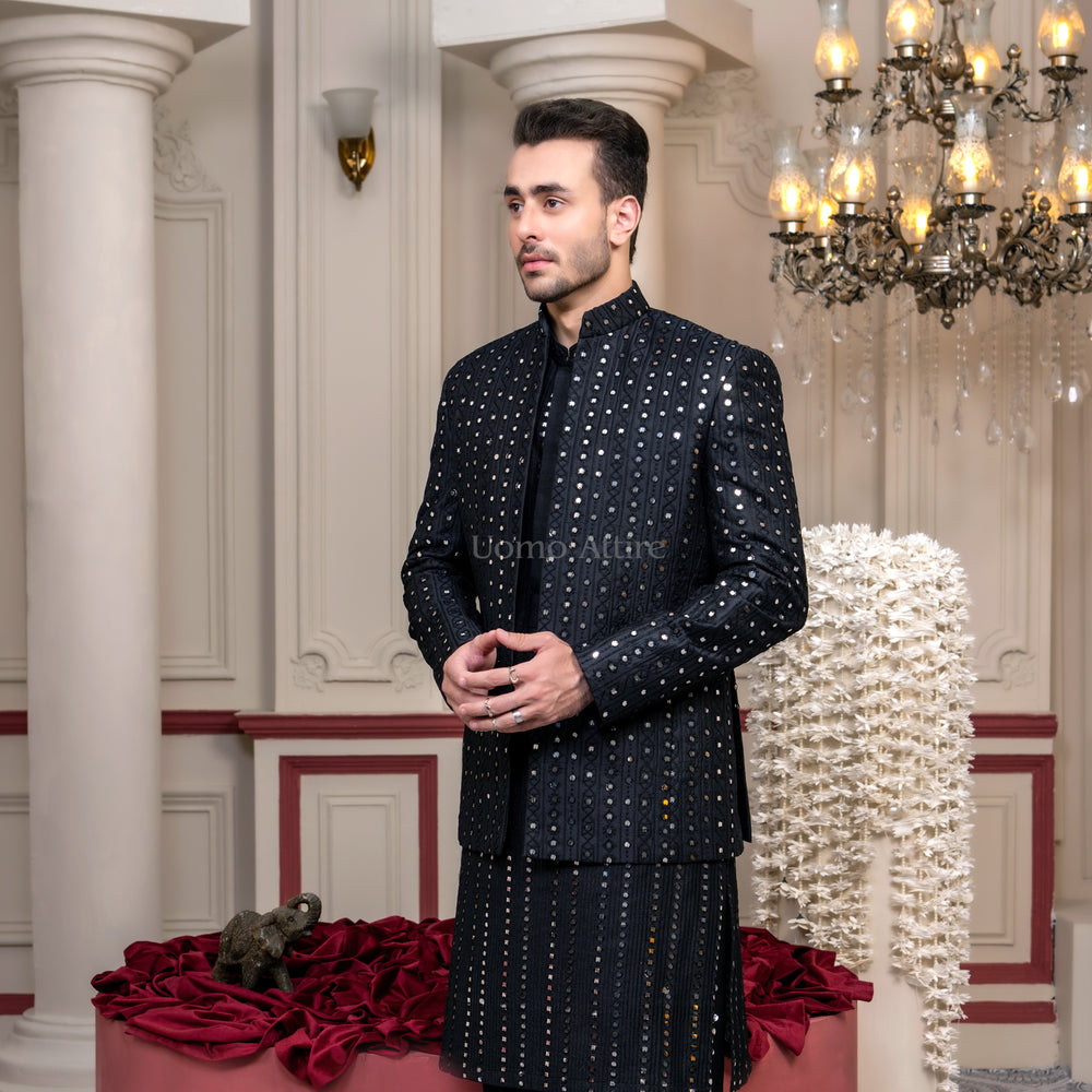 Luxury Black Prince Coat with Mirror Work & Black Kurta Pajama