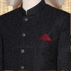 Black Embroidered Sherwani with Maroon Pocket Square and Black Turban