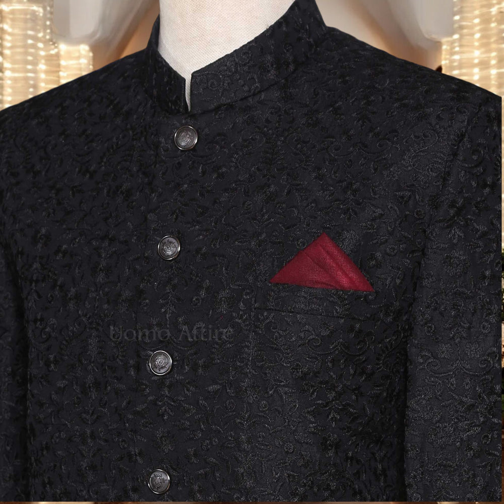 
                  
                    Black Embroidered Sherwani with Maroon Pocket Square and Black Turban
                  
                