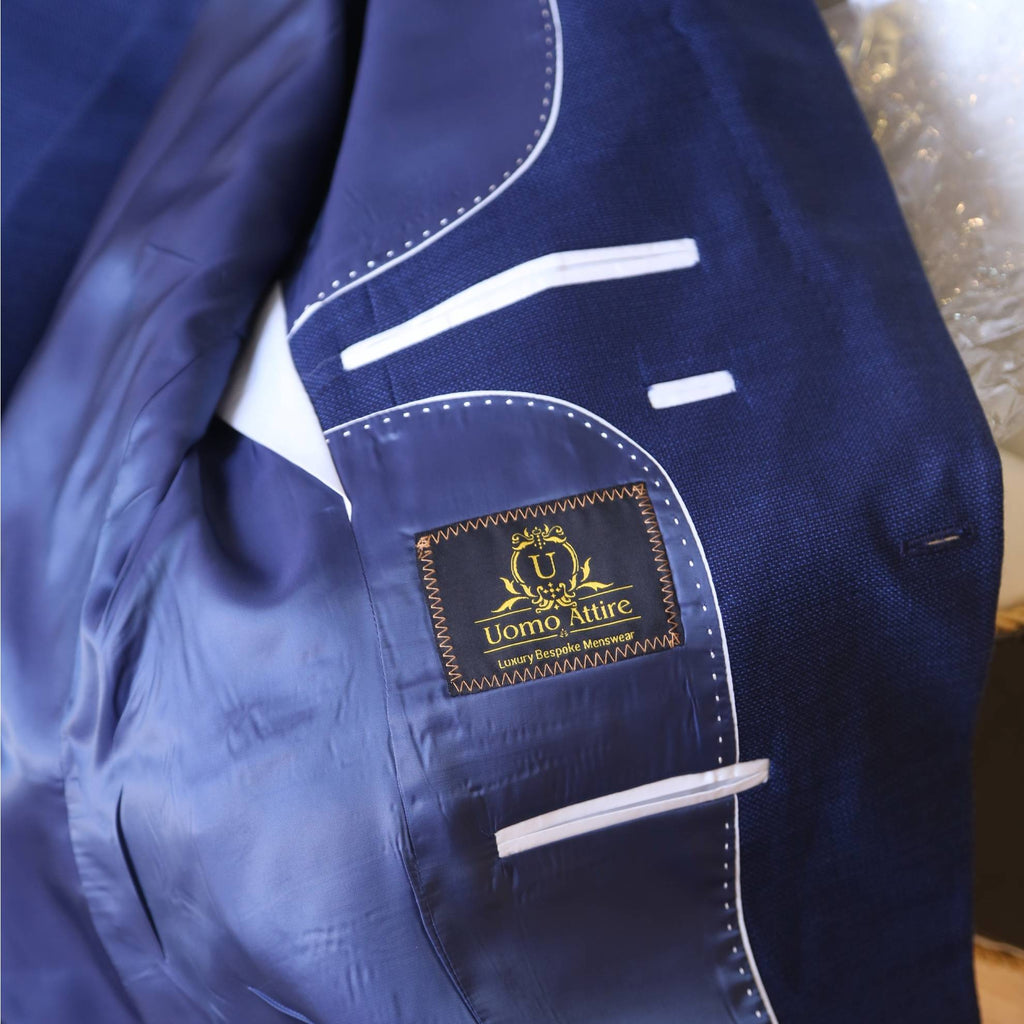 Shark skin Italian bespoke 3 piece suit inside roun, blue suits for men