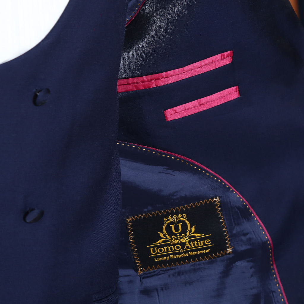 Luxury Blue Tuxedo with Embellished Shawl Lapel and Double-Breasted Waistcoat