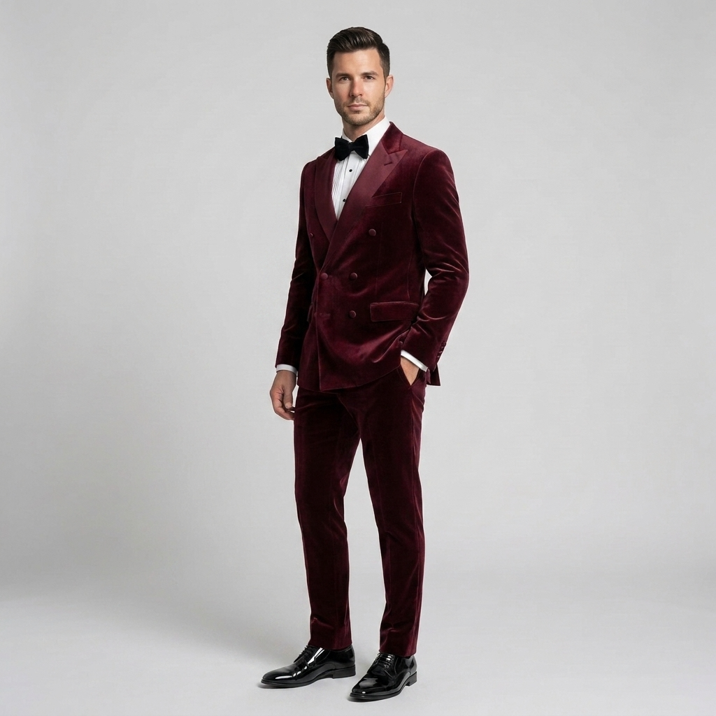 Custom Burgundy Velvet Double-Breasted Tuxedo Jacket