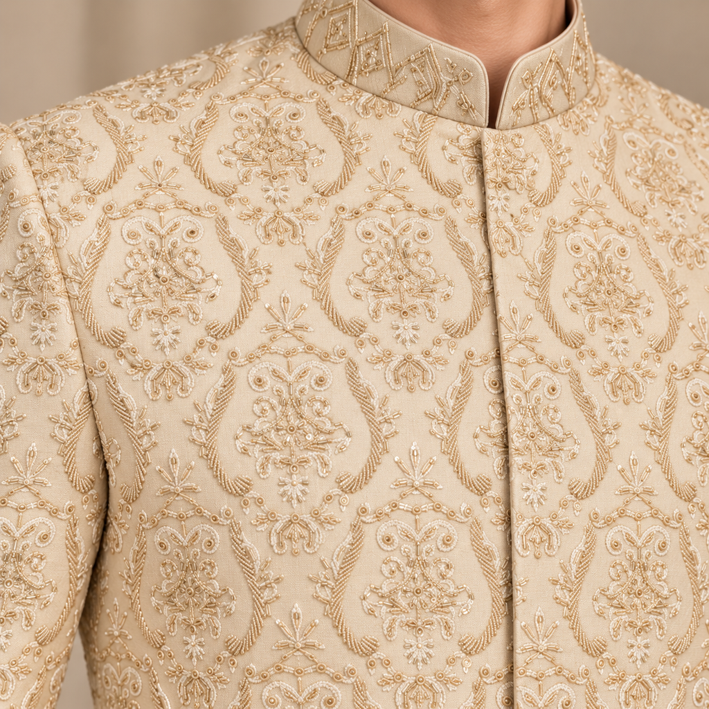 Luxury Light Golden Embroidered Sherwani with Hand Embellishment for Groom