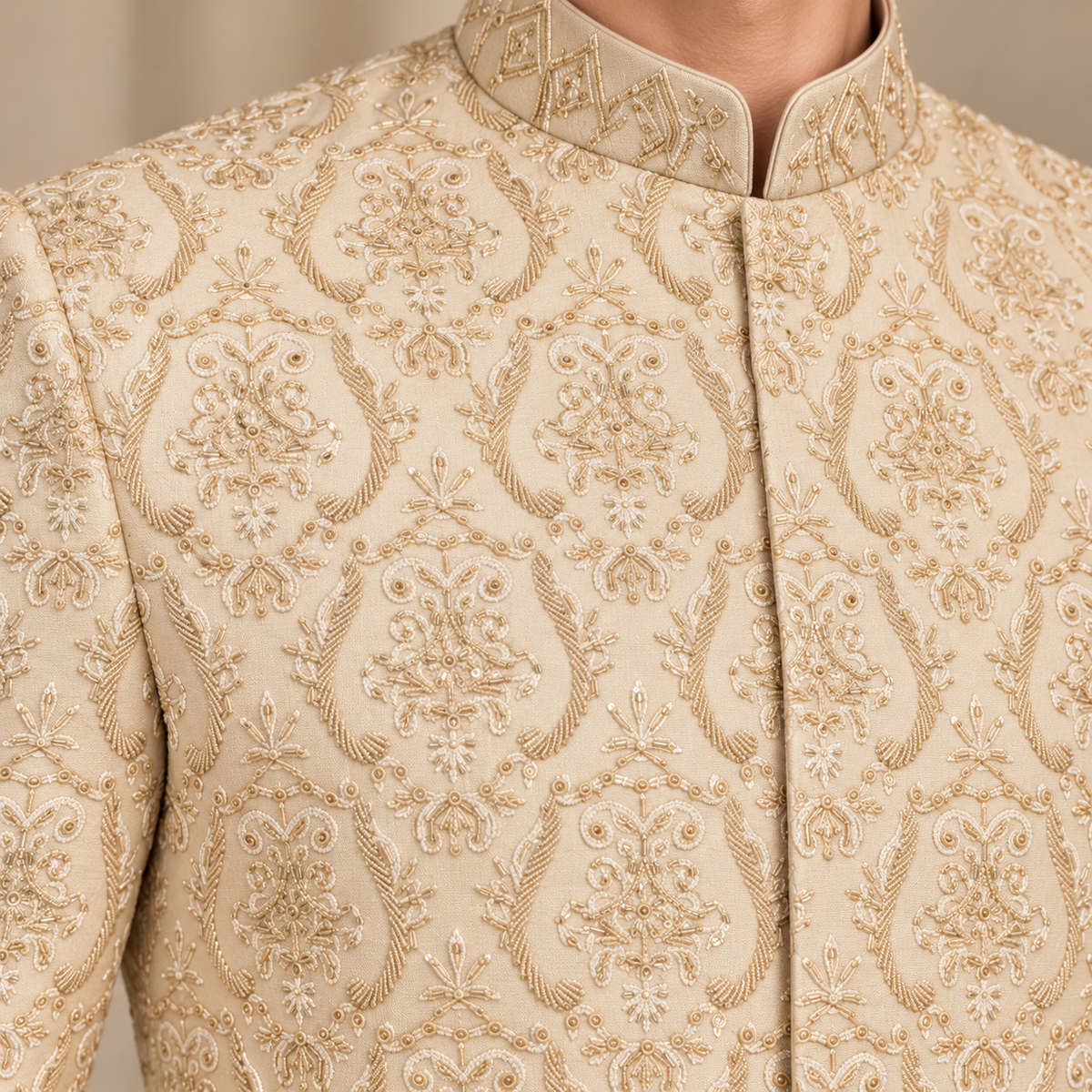 Luxury Light Golden Embroidered Sherwani with Hand Embellishment for Groom