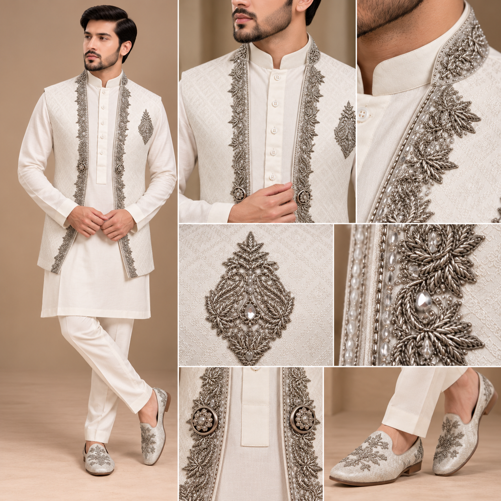 Premium Pure White Waistcoat with Hand Embellishment | Luxury Groom & Wedding Wear