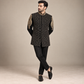 Embellished black prince coat in self textured