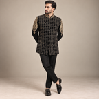 Embellished black prince coat in self textured