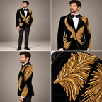 Jet Black Luxury Velvet Tuxedo with Intricate Golden Feather-Inspired Hand Embellishment