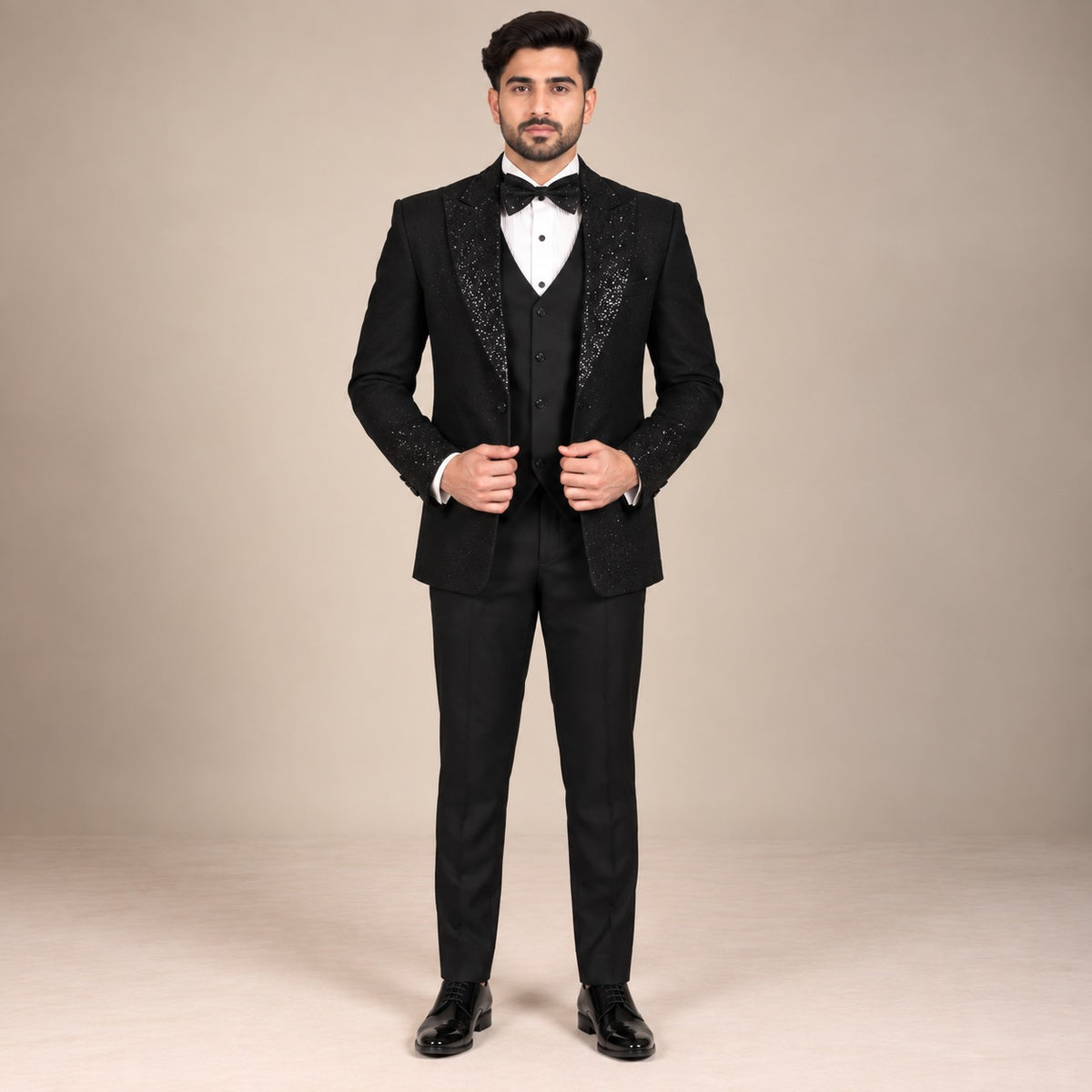 Black Tuxedo for Groom in Hand Embellished Moonlight Fabric