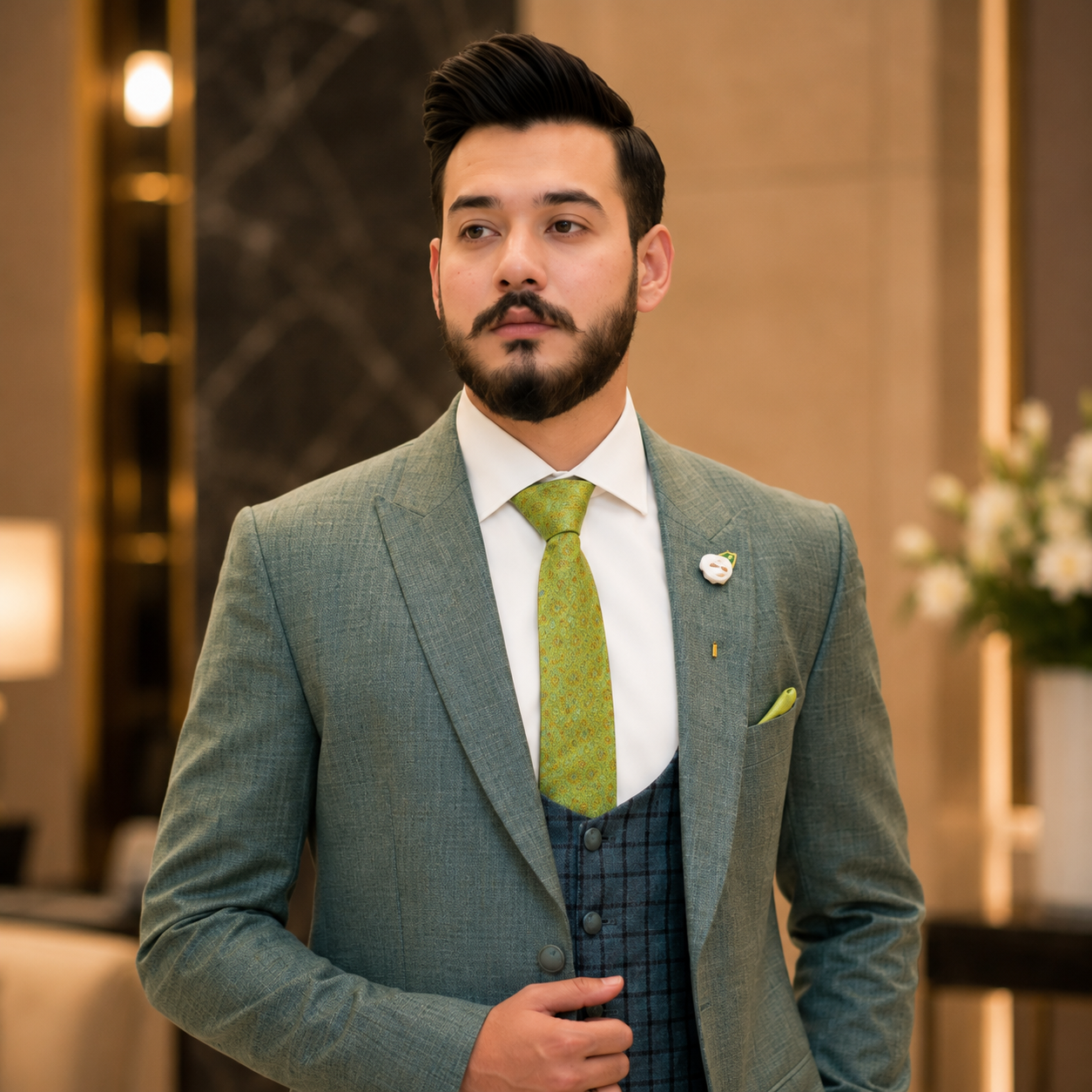 
                  
                    Sage Green Super 180's Wool Cashmere Suit Worn by Mr. Ch. Hassan
                  
                