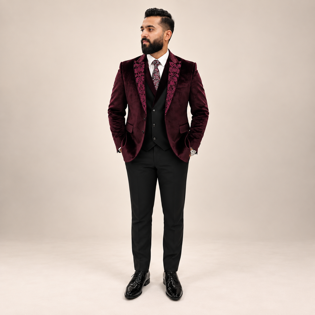 Maroon Velvet Embroidered 3-Piece Tuxedo Worn By Mr. Zeeshan