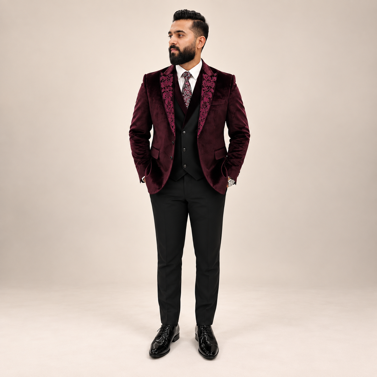 Maroon Velvet Embroidered 3-Piece Tuxedo Worn By Mr. Zeeshan