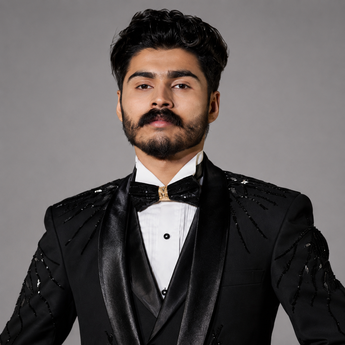 Black 3 Piece Tuxedo for Men with Hand Embellishment in Super 180's Wool Cashmere