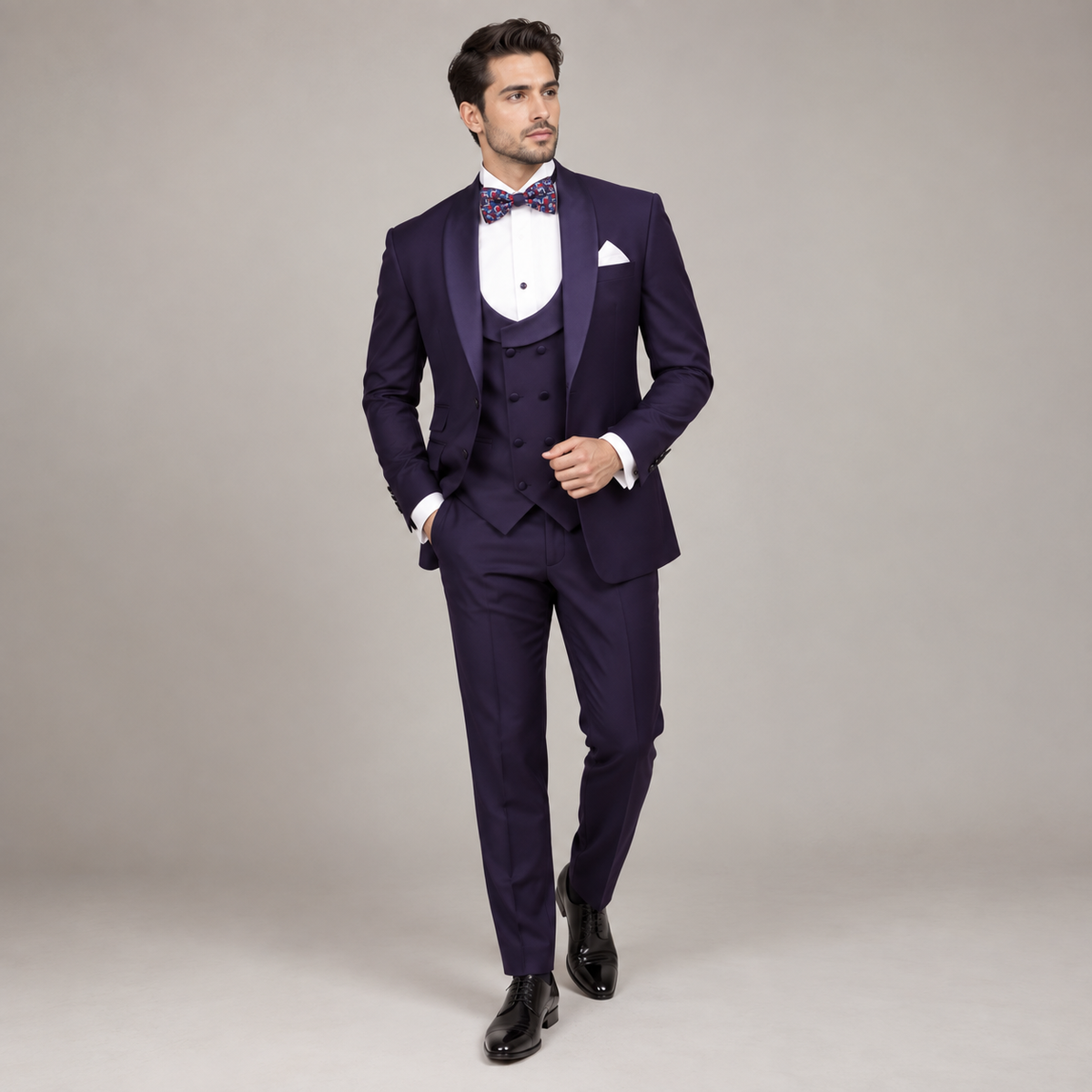 Plum bird eye self-textured tuxedo three piece suit