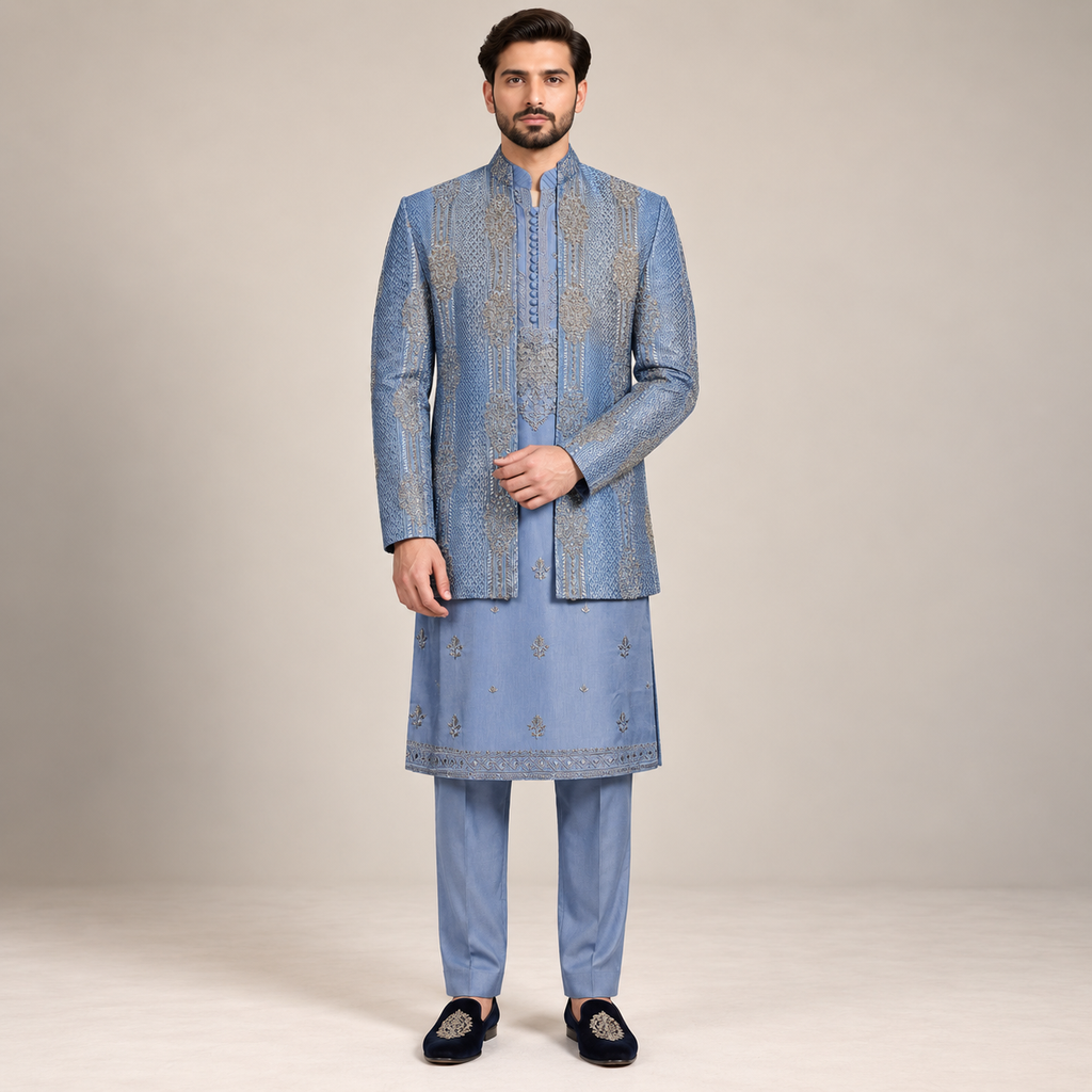 Designer Sky Blue Wedding Prince Coat for Men