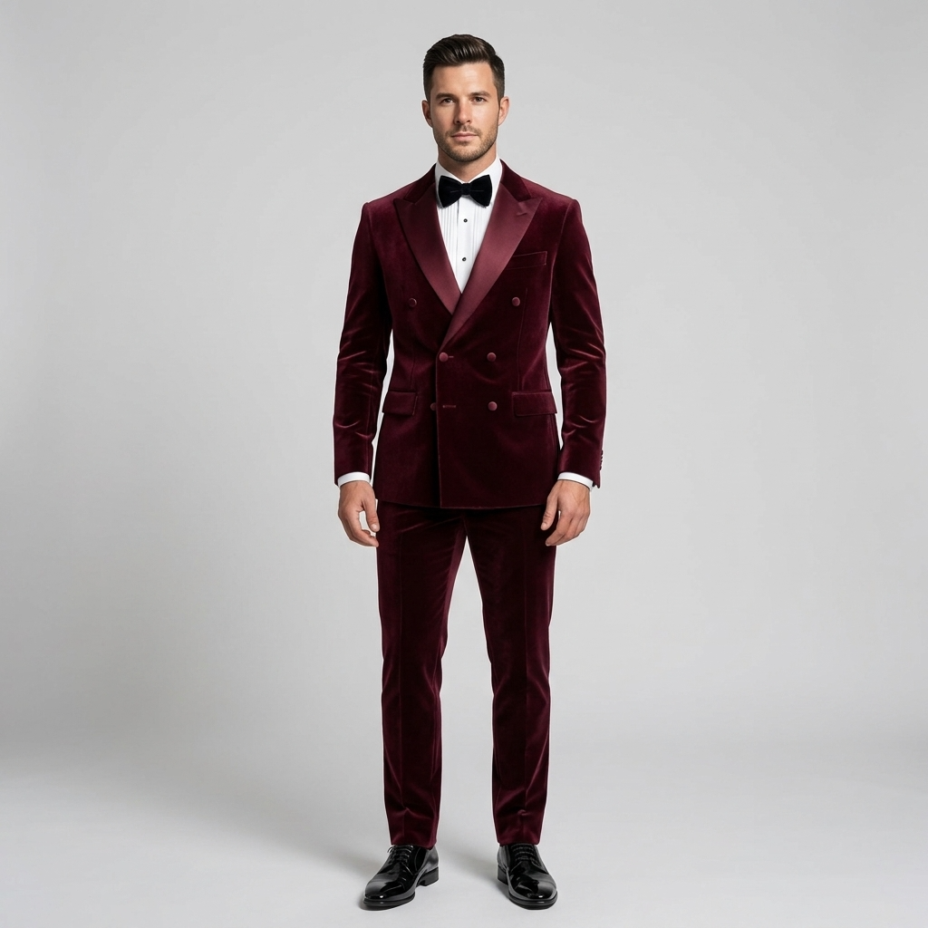 Custom Burgundy Velvet Double-Breasted Tuxedo Jacket