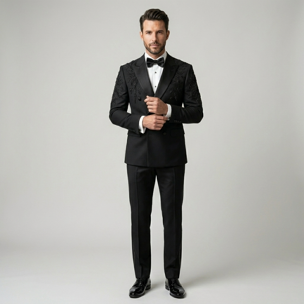 Man wearing a black tuxedo with a bow tie on a plain background | Bespoke Black Double Breasted Tuxedo Jacket with Leaf Embroidery