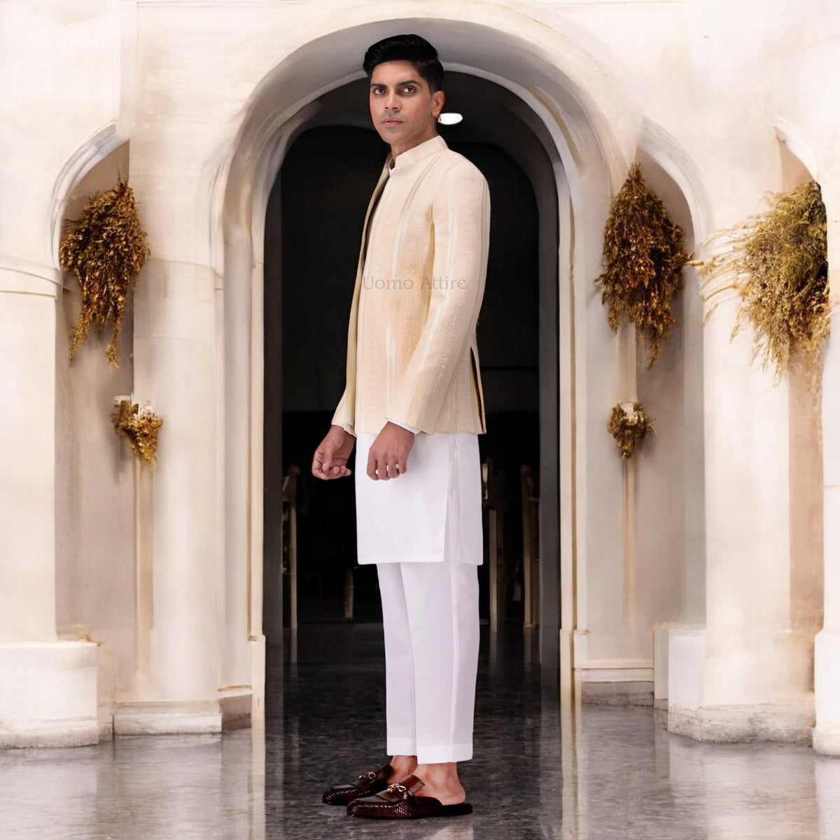 Ivory Embroidered Open Front Prince Coat with White Kurta Set