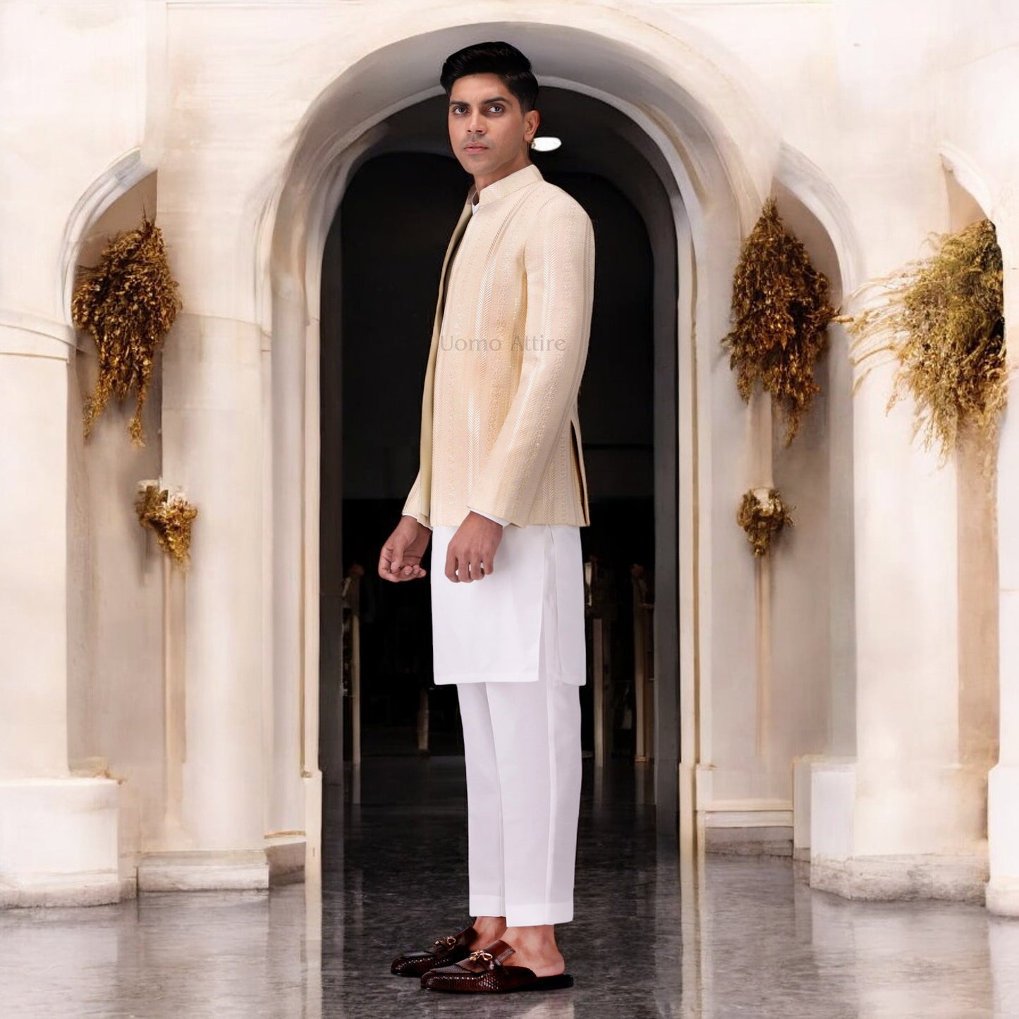 
                  
                    Ivory Embroidered Open Front Prince Coat with White Kurta Set
                  
                