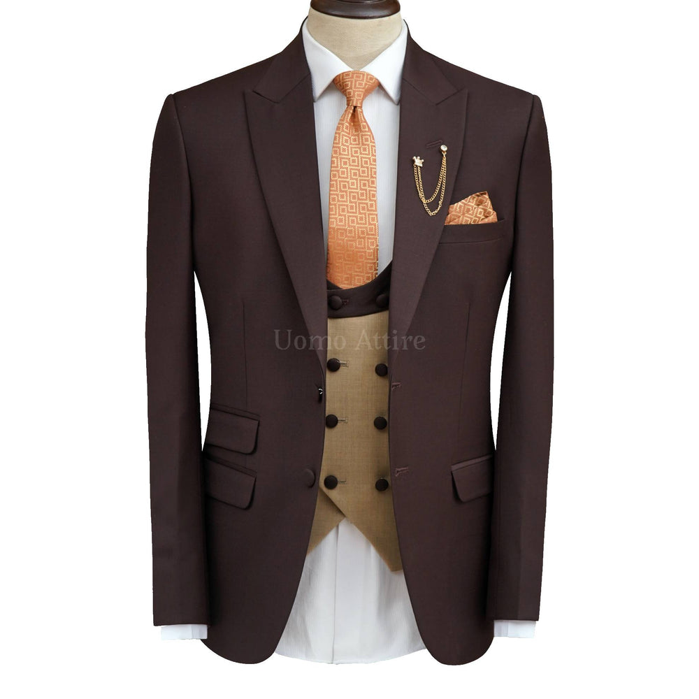 Burgundy 3 Piece Suit for Men with Tan Vest and Orange Tie | Burgundy Suit