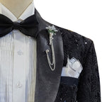 Custom-tailored black tuxedo 3 piece suit, tuxedo suit, embellished black tuxedo suit, sequin fabric single-breasted vest tuxedo